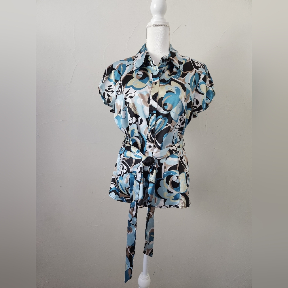Apt. 9 Blue, Black & Cream Abstract Button-Down Tie-Waist Top